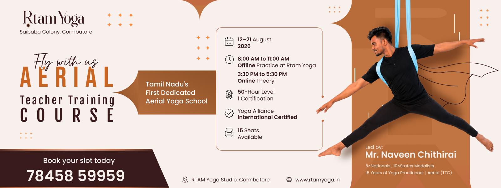 50-Hour Aerial Hammock Teacher Training Course — Rtam Yoga, Aug 12–21, led by Mr. Naveen Chithirai