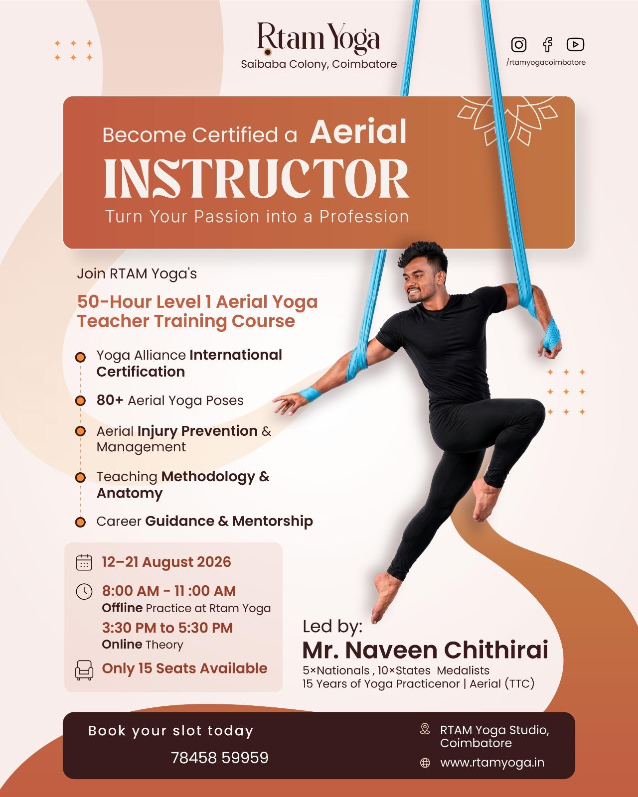 Aerial hammock training at Rtam Yoga Studios, Coimbatore